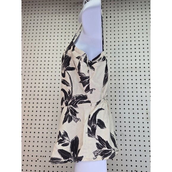 Monteau Linen Blend Black and Cream Floral Peplum Top With Buttons XL - Picture 2 of 6